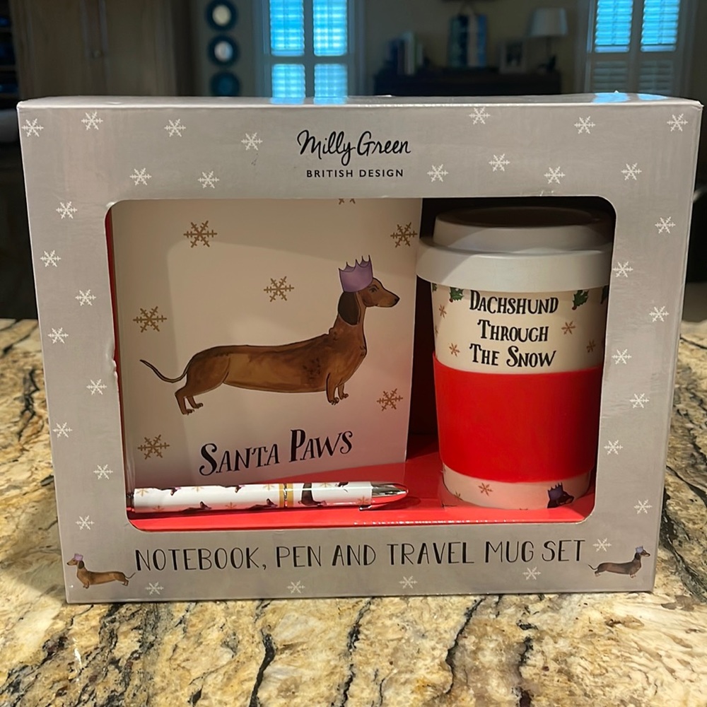 Milly Green Dachshund Christmas Notebook, Pen &  Travel Mug Gift Set -NEW